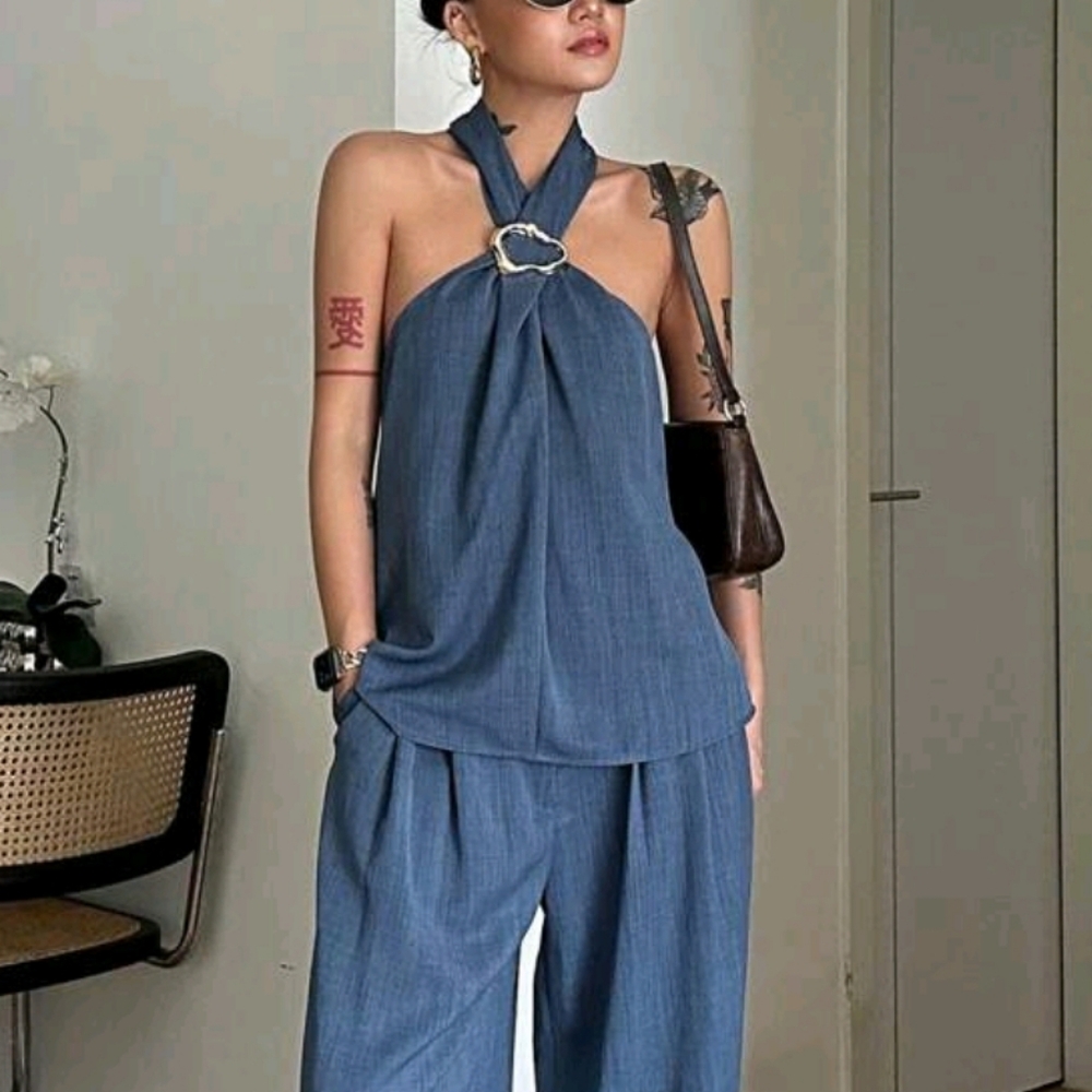 2pcs/Set Vintage Coin Decor Halter Neck Top And Wide Leg Pants Set - Picture 6 of 8